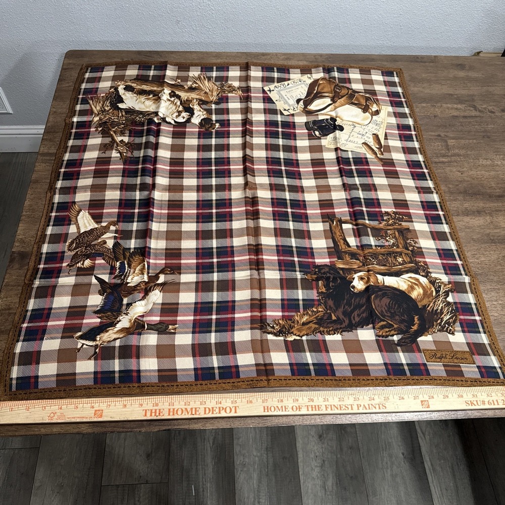 Vintage 34" Ralph Lauren Tartan Plaid Silk Scarf Hunting Sporting Dogs Ducks - Picture 7 of 8